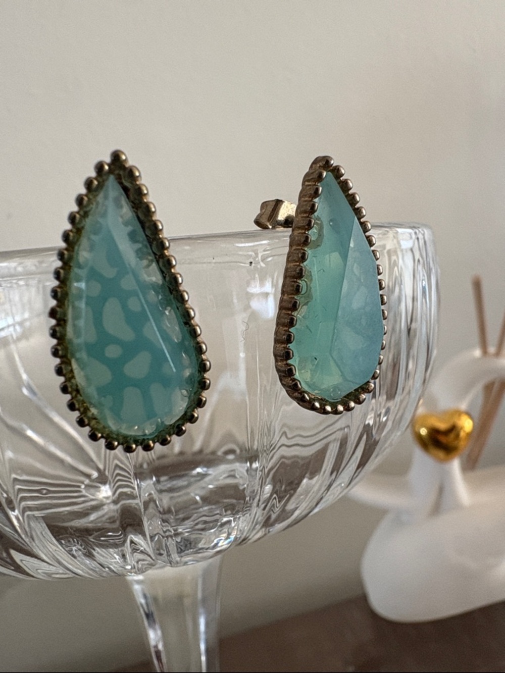 Aqua Hexagon Stone Gold-Trim Stud Earrings